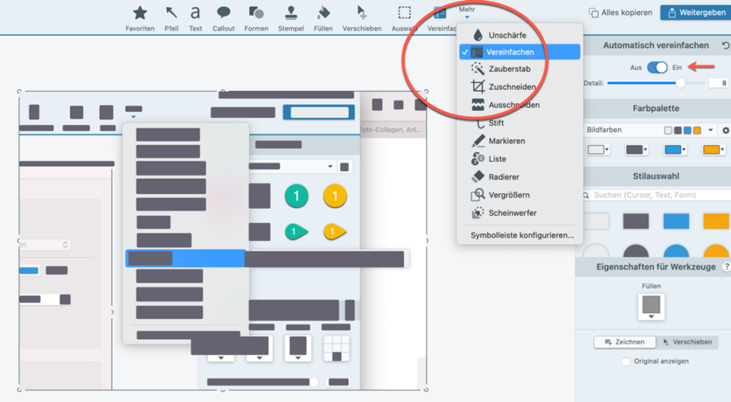 Screenshot Snagit: Funktion Vereinfachen für Prozessbeschreibungen