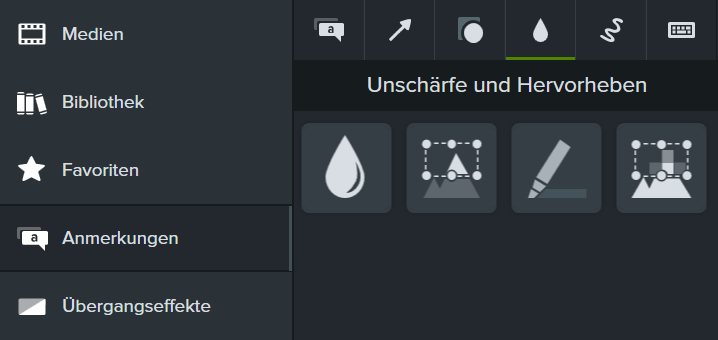 Camtasia Interface: Unschärfe- und Hervorheben-Schaltflächen