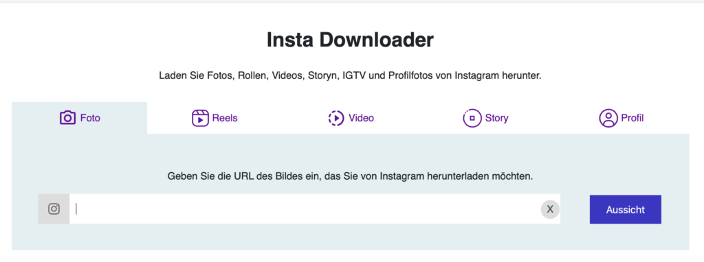 Save Insta zum Download von Videos und Bilder auf Instagram: Suchleiste und Menü