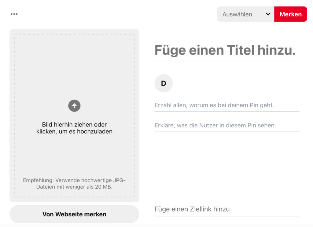 Bild auf Pinterest hochladen und beschreiben – Screenshot vom Eingabeformular