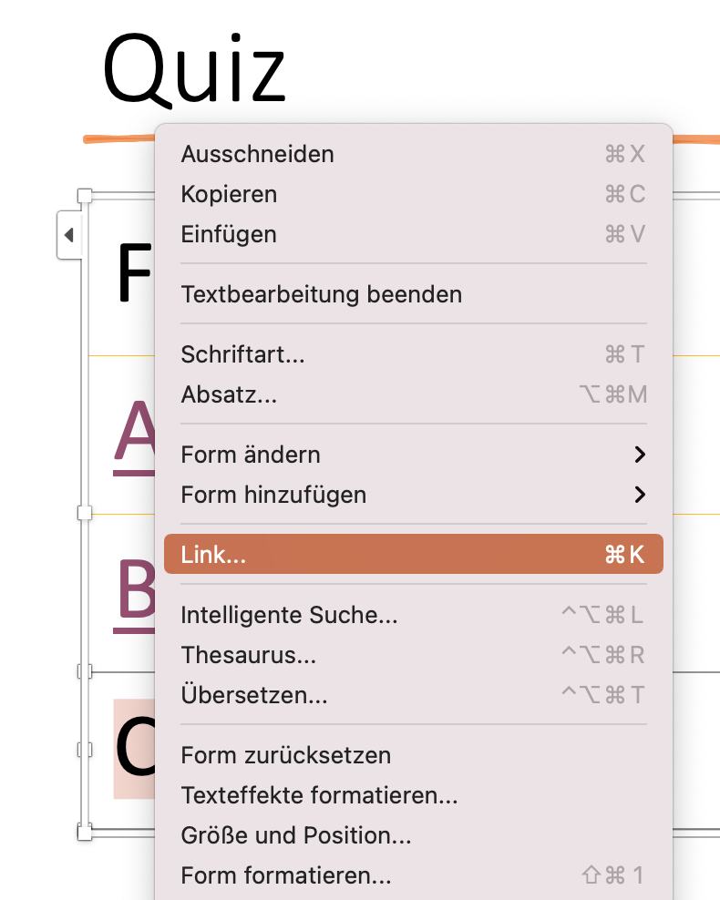 Link einfügen in PowerPoint, um ein Quiz zu erstellen