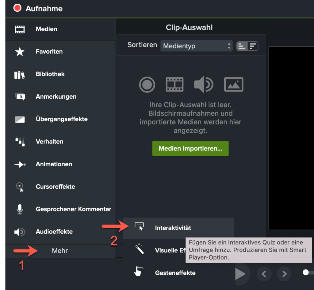 Quiz in Camtasia hinzufügen über Mehr > Interaktivität