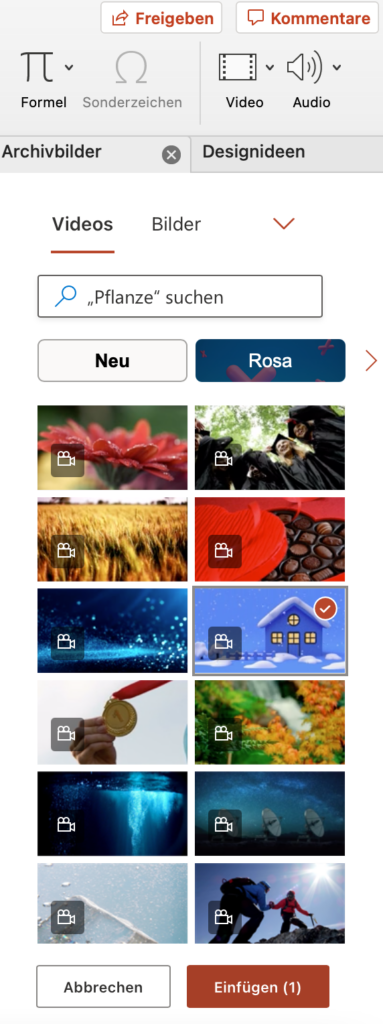Auswahl an Stockvideos in PowerPoint