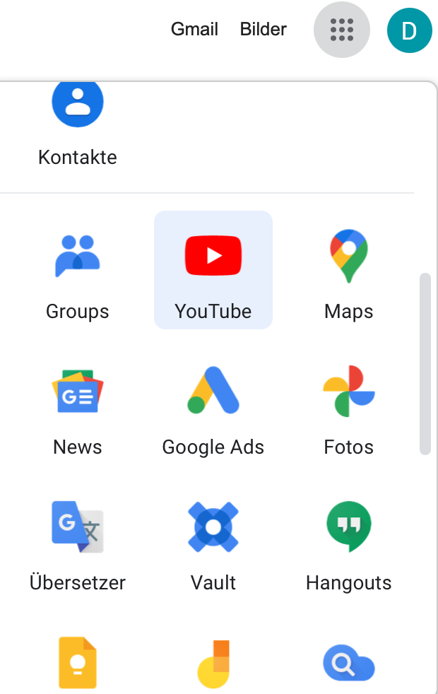 Screenshot Google-Menü mit Auswahl von YouTube, um ein Brand-Konto zu erstellen