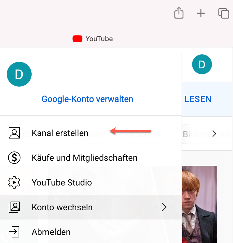 Screenshot YouTube-Menü, um einen Kanal zu erstellen.