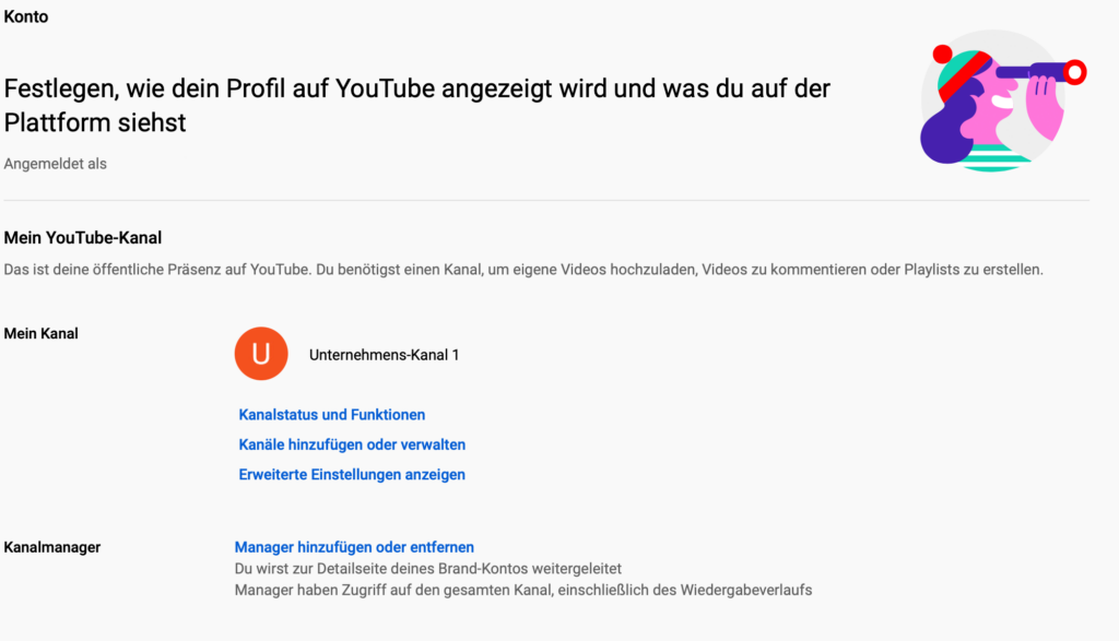 Screenshot Einstellungen YouTube Brand-Konto mit Kanalmanager.