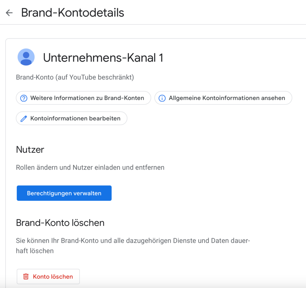 Screenshot YouTube Brand-Kontodetails.