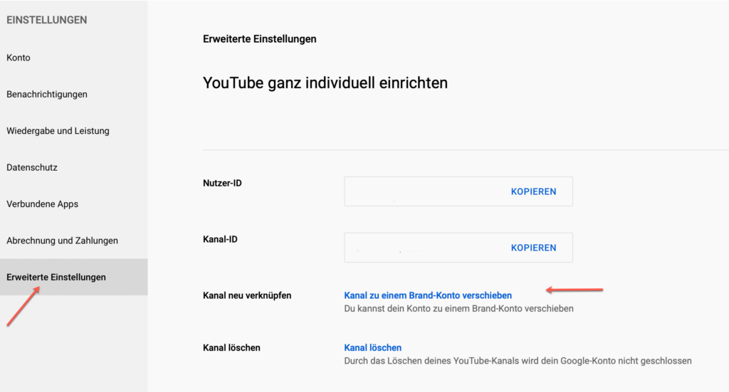 Screenshot YouTube: YouTube-Kanal zu Brand-Konto verschieben.