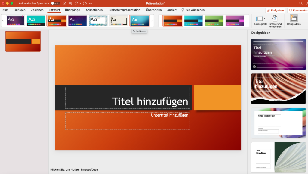 PowerPoint-Designvorlagen unter der Registerkarte Entwurf – Screenshot
