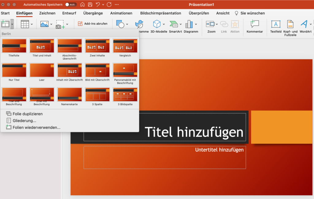 PowerPoint-Präsentation: Folien und Folienlayouts einfügen – Screenshot