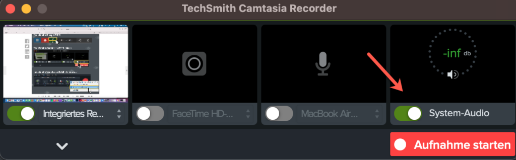 Screenshot Camtasia System-Audio aktivieren, um ein Gespräch aufzunehmen