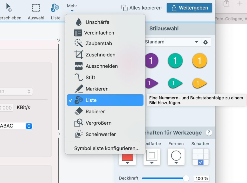 Screenshot Snagit-Menü mit Listenfunktion, um Schritt-für-Schritt-Anleitungen zu erstellen