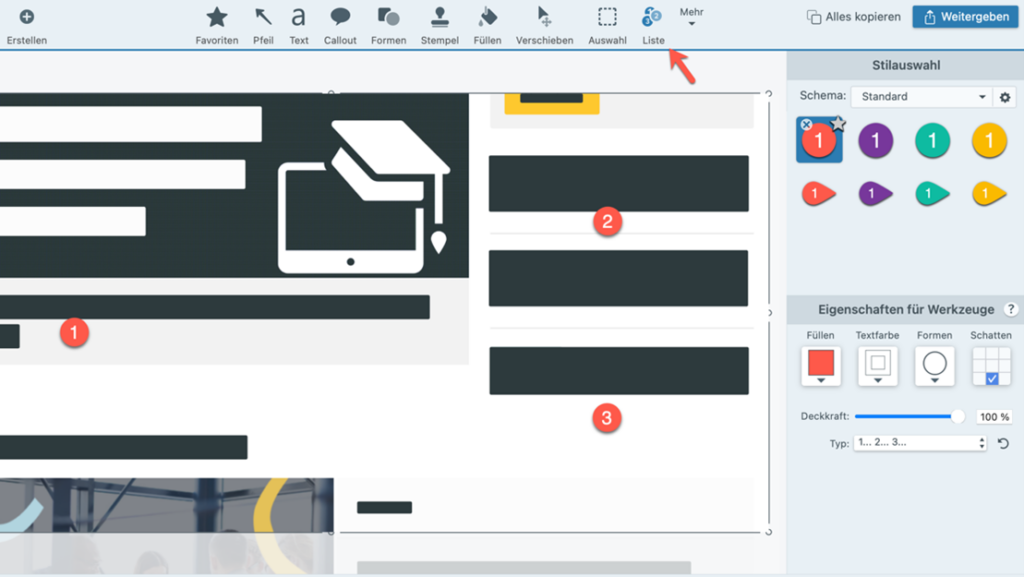 Screenshot Snagit-Menü mit Listenfunktion, um Prozessbeschreibungen zu erstellen