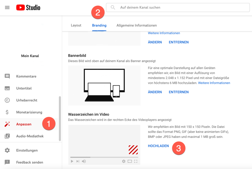 Screenshot YouTube Studio Branding-Optionen mit Wasserzeichen im Video.