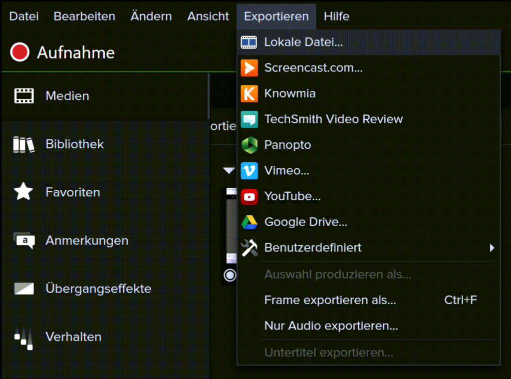 Screenshot Camtasia: Video exportieren.