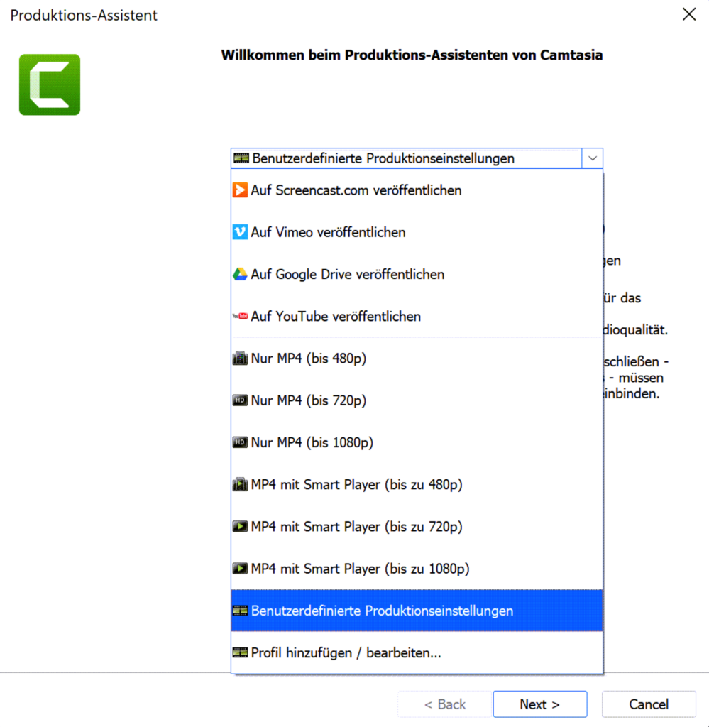 Screenshot Camtasia: Video exportieren, benutzerdefinierte Einstellungen.