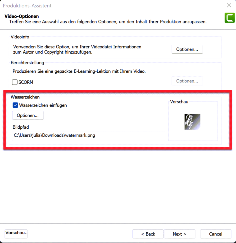 Screenshot Camtasia: Wasserzeichen in Video einfügen.
