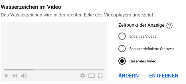 Screenshot YouTube Studio Anzeige-Optionen für Wasserzeichen im Video.