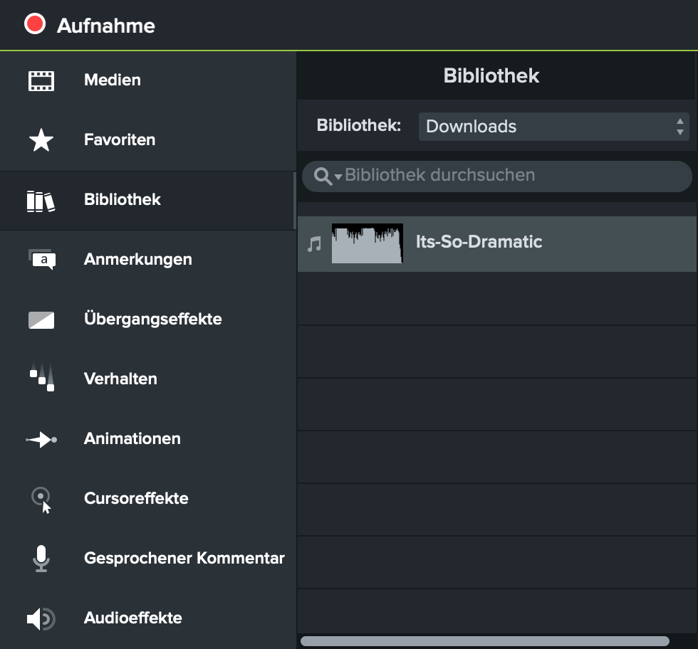 Screenshot Nutzeroberfläche Camtasia Bibliothek.