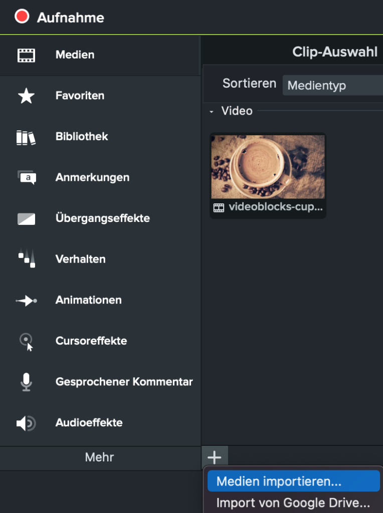 Screenshot Nutzeroberfläche Camtasia.