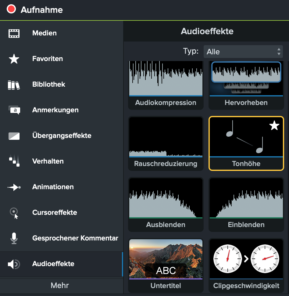Screenshot Audioeffekte in Camtasia.