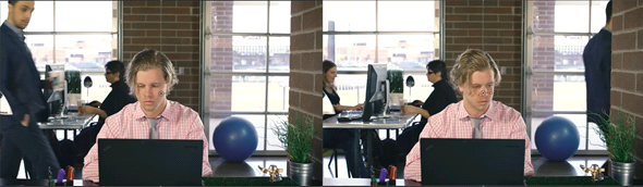 Zwei Videostills zeigen Menschen, die im Büro an Computern arbeiten.