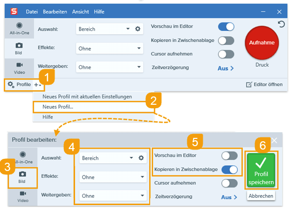 Screenshot Snagit Nutzermenü mit Nummerierung.