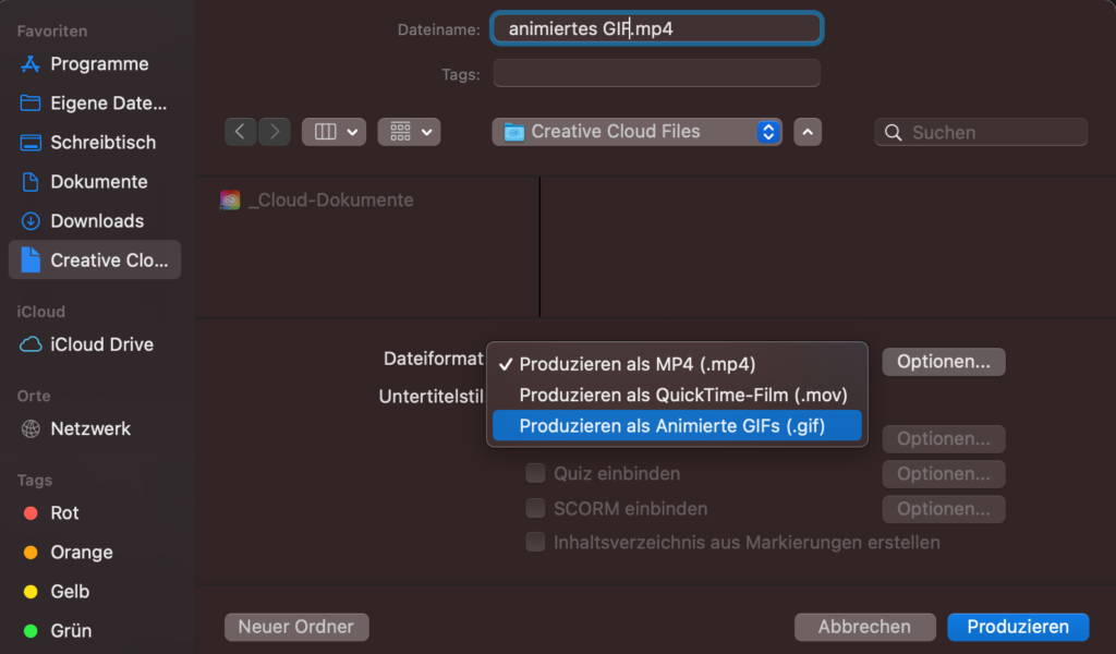 Nutzeroberfläche Camtasia: Video in GIF umwandeln