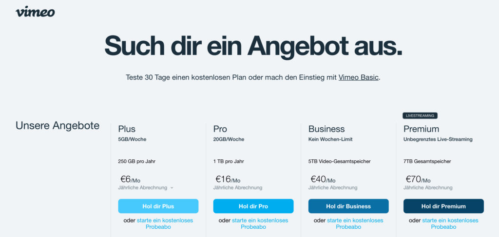 Vimeo vs. YouTube: Tarifoptionen bei Vimeo (Stand Juli 2022)