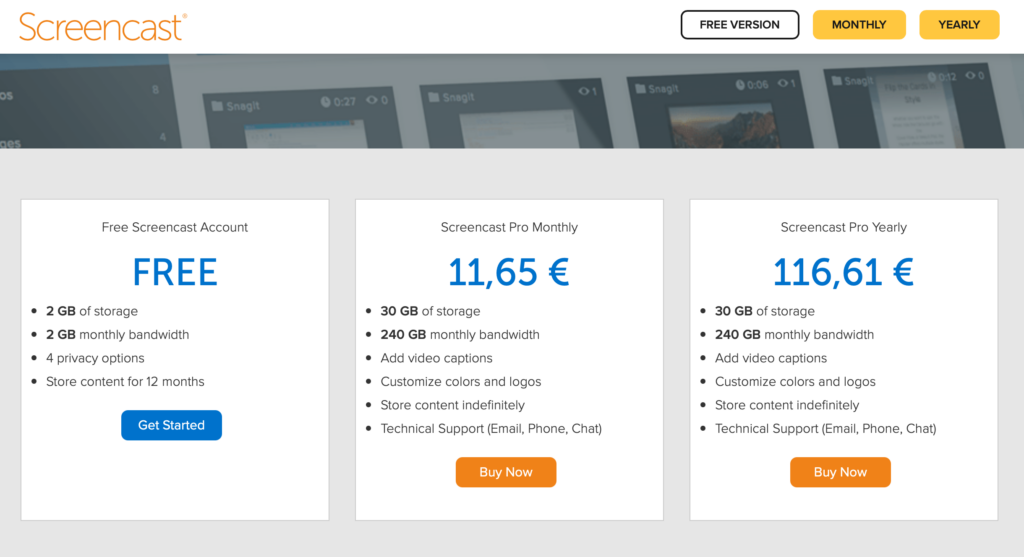 Tarifoptionen und Angebote von screencast.com (Stand August 2022)