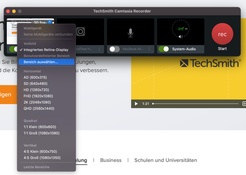 Camtasia Recorder mit Einstellungen für den Videomitschnitt.