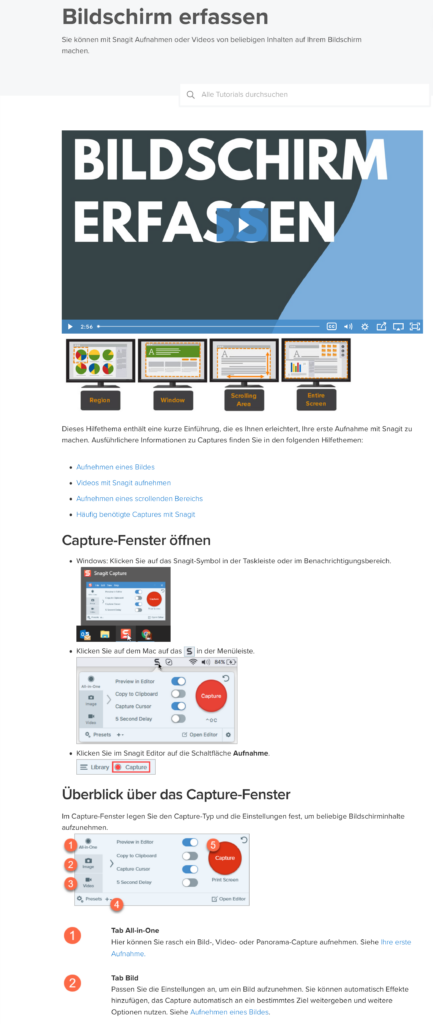 Screenshot von einem Snagit-Tutorial zur Funktion Bildschirm erfassen.