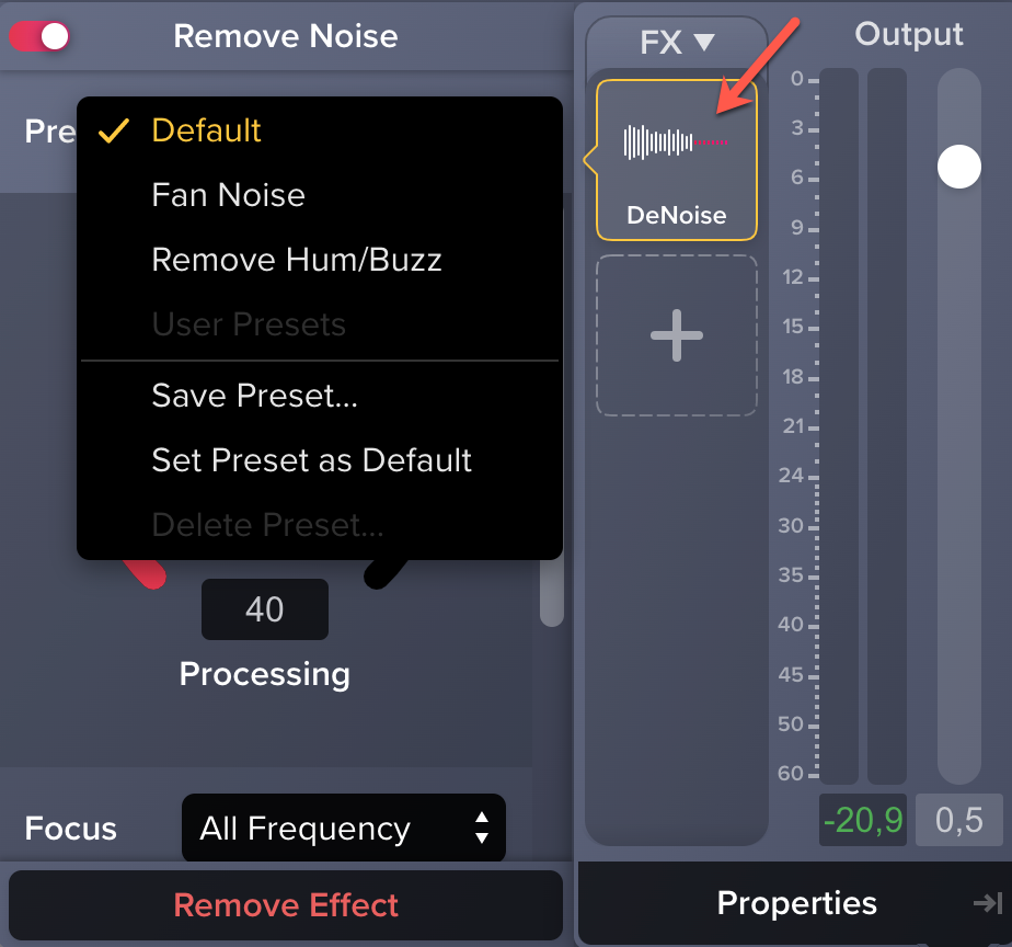 Screenshot Effekt Remove Noise in Audiate.