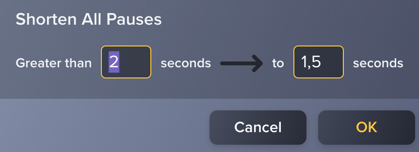 Screenshot Audiate: shorten pauses.