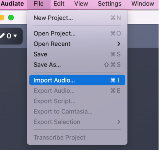Menü Audiate: Datei importieren für die Umwandlung von Audio in Text in Audiate.