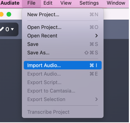 Audiate menu: Import file for audio to text conversion in Audiate.