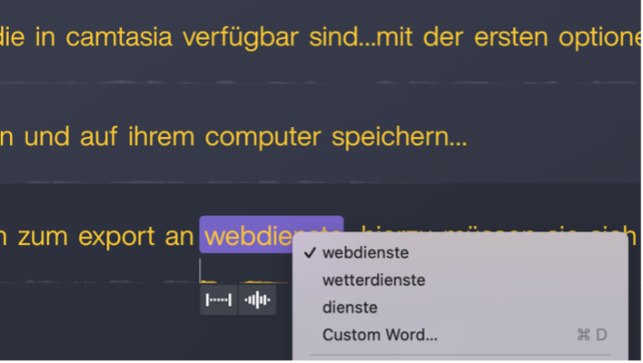 Screenshot: transkribierten Text in Audiate bearbeiten.