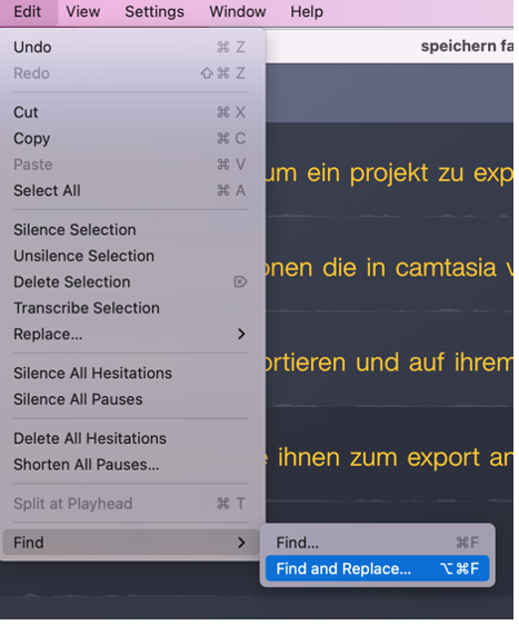 Screenshot Audiate Menü: Text bearbeiten, finden und ersetzen.