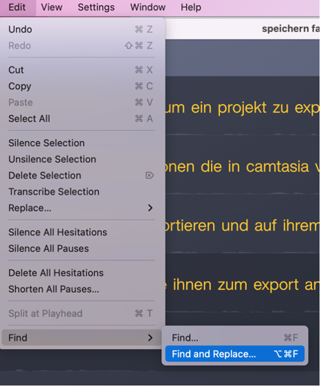 Screenshot Audiate menu: Edit, find and replace text.