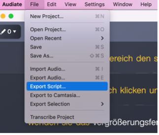 Screenshot Menü Audiate: Audio in Text umwandeln und Text exportieren.