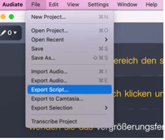 Screenshot Menu Audiate: Convert audio to text and export text.