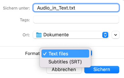 Screenshot Audiate: transkribierten Text als Datei speichern.