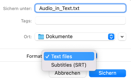 Screenshot Audite: save the transcribed text as a file.