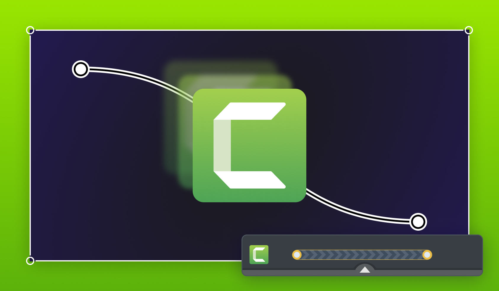 Camtasia logo with illustration of a media path being used to animate it in a video.