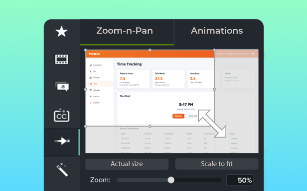 Camtasia editor with zoom and pan feature being applied.