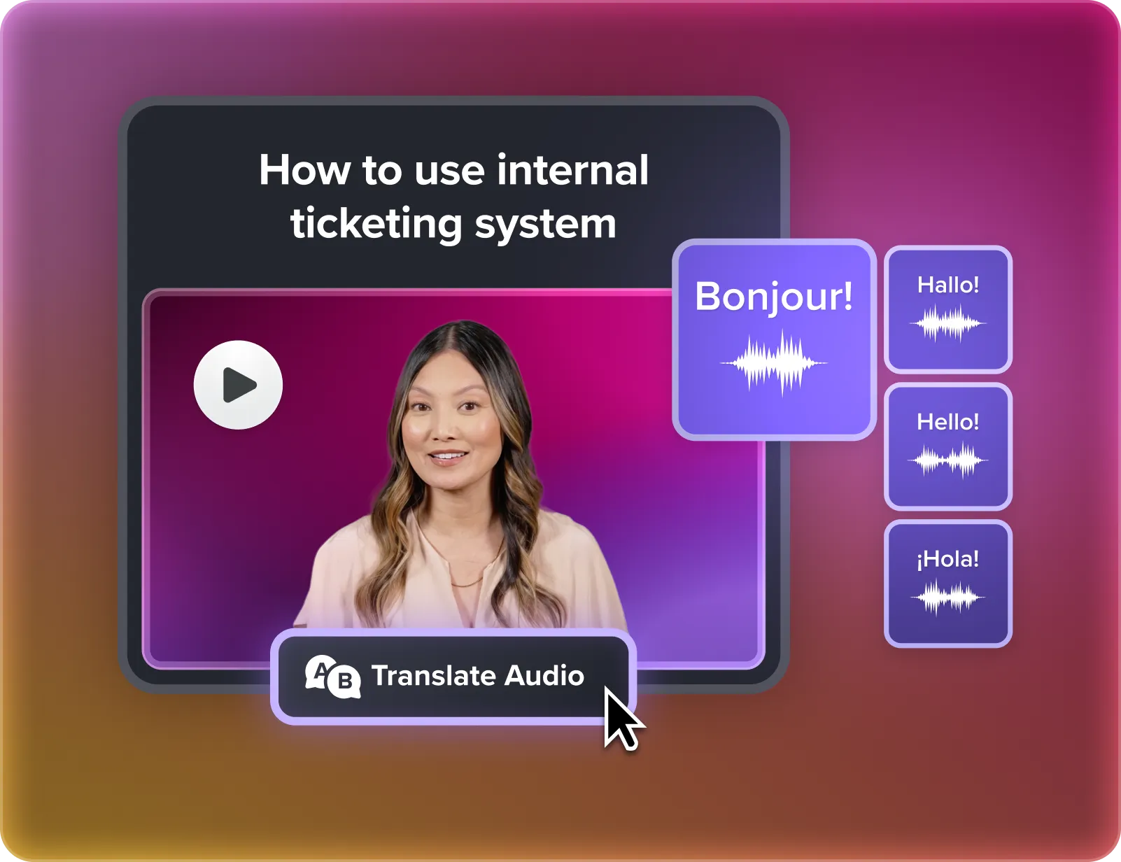 Camtasia Audiate interface displaying a video with a presenter, alongside the “Translate Audio” button and floating speech bubbles showing translations like “Bonjour!” and “Hola!,” representing AI-powered language translation for video editing.