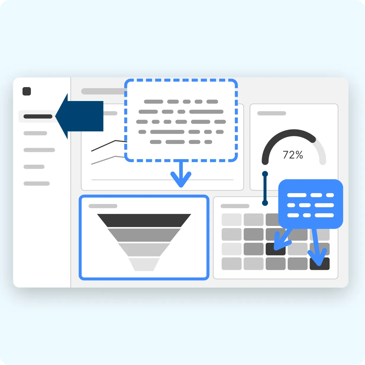 Illustration of a branded documentation interface showing styled text blocks, a funnel graphic, a progress gauge, and a content grid with blue arrows highlighting consistent formatting and layout.