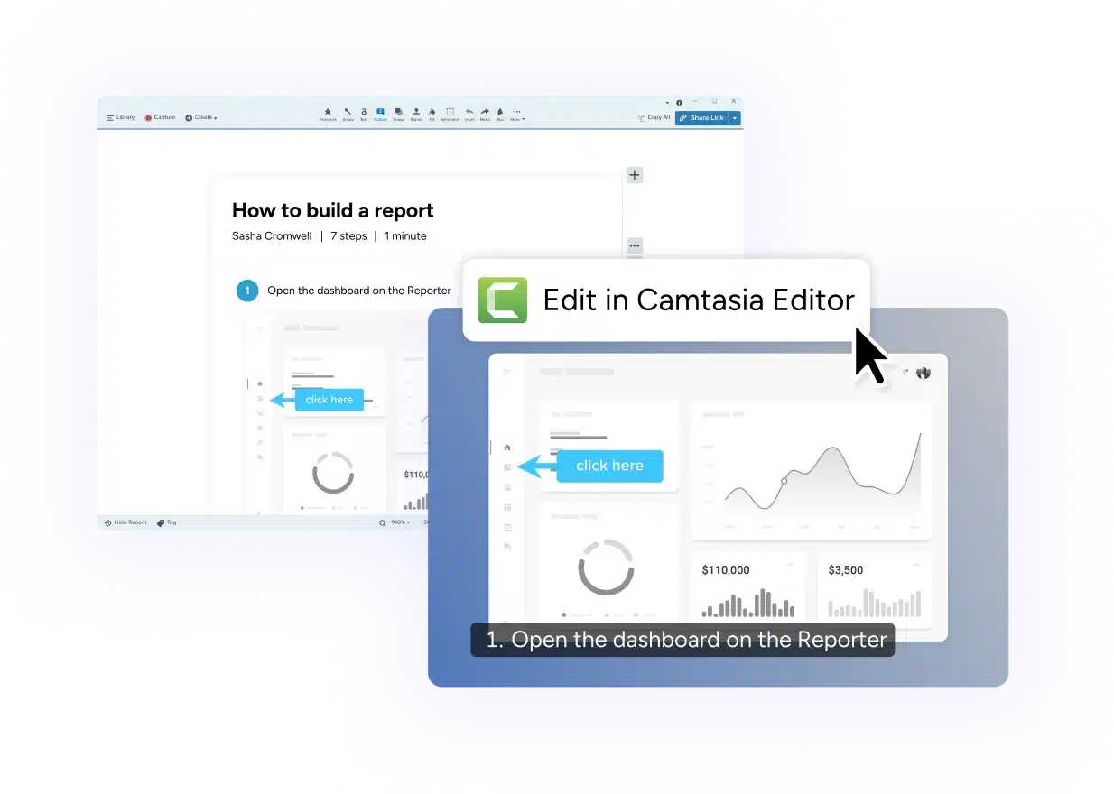 Camtasia Snagit Step Capture showing a “How to build a report” guide alongside the same captured process opened in Camtasia Editor for turning the documentation into a video.